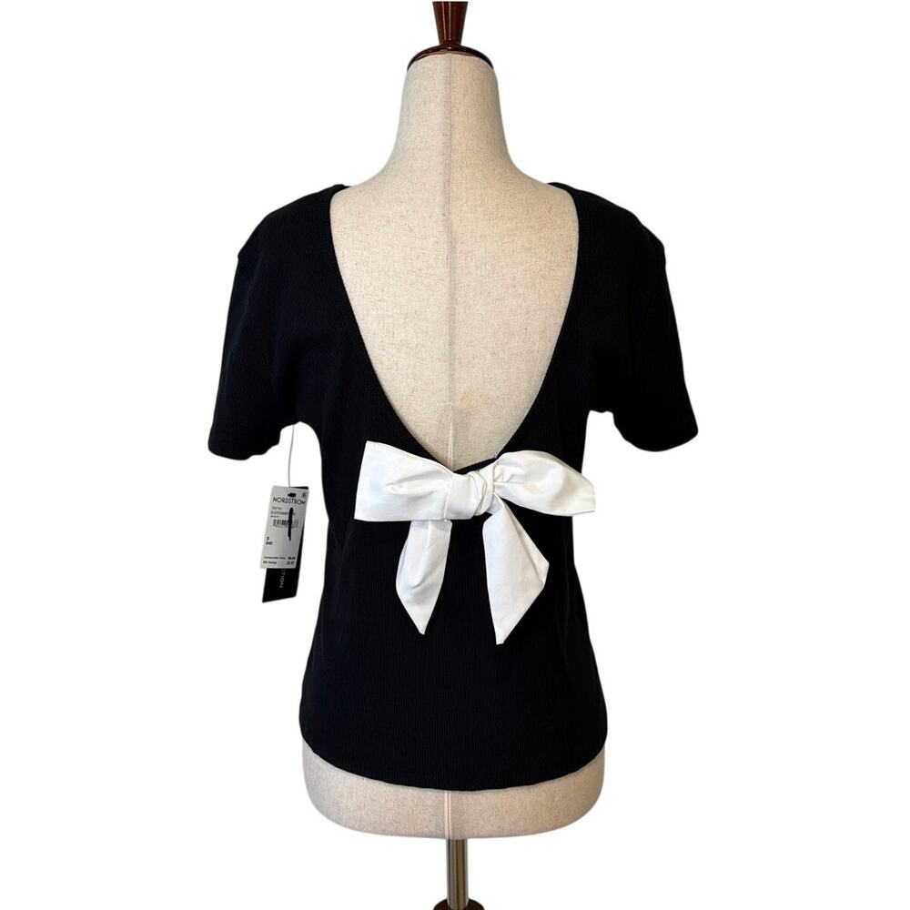 NWT French Connection Bow Back Ribbed Top, Black, Women's Small
